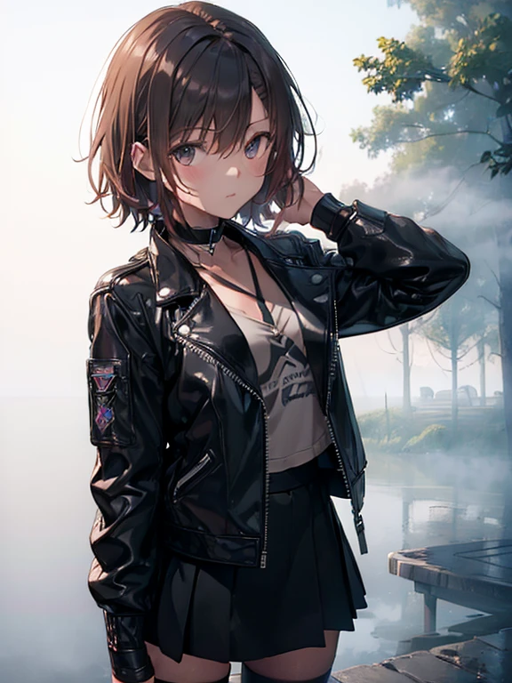 (Mysterious Fog:1.5), The background is a lake, Morning Glow, Black Leather Jacket, Misaka Mikoto, 1girl, black choker, uhd, retina, masterpiece, ccurate, anatomically correct, textured skin, super detail, high details, high quality, best quality, highres, 4K