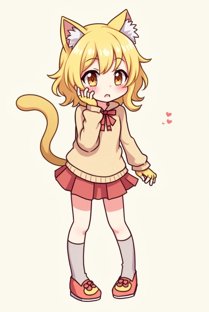 1 girl, slender stature, blonde hair    a little curly, Caucasian skin, blush cheeks, Cat's ears, cat gloves, Wearing a short skirt, top, and warm like a cat, She's embarrassed.