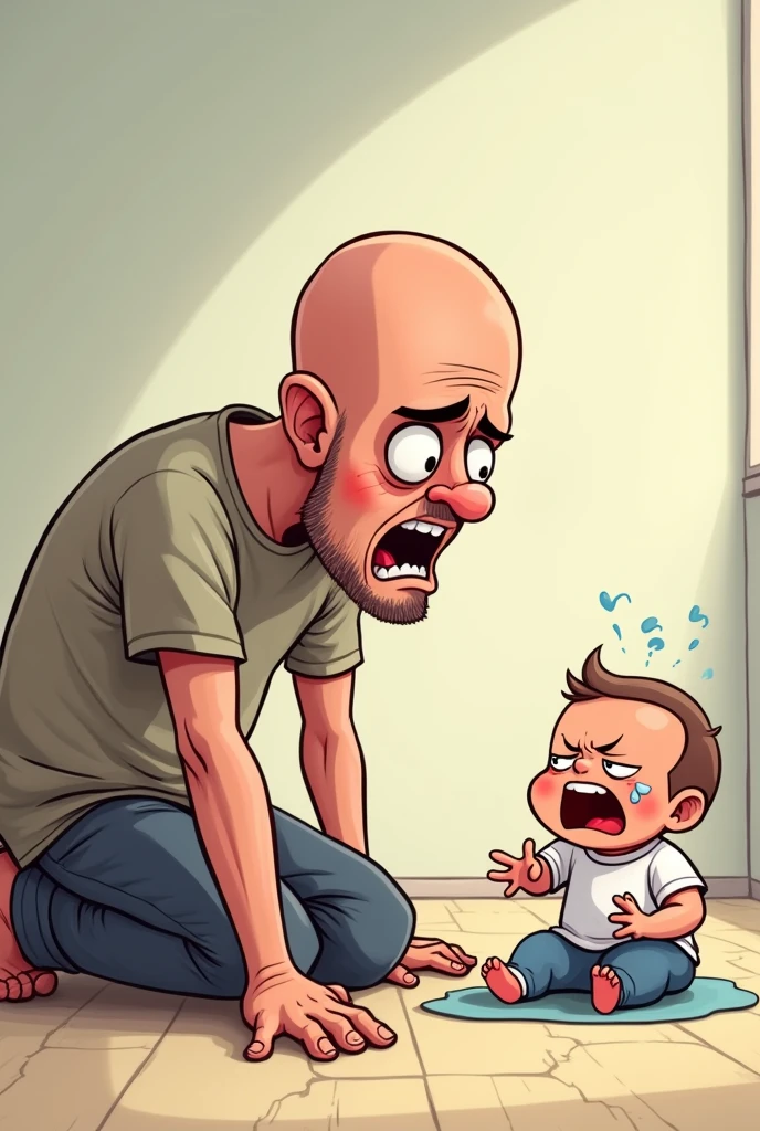 Cartoon of a young bald man nearly passed out from being drunk, impatiently looking at a crying .