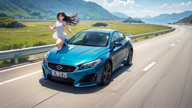 A lightly dressed woman rides in an open car、Please draw an illustration of someone running along a road by the sea.。The woman's expression is cheerful、In the background you can see the white sand beach and the crashing waves of the ocean.。Expresses a scene that captures a refreshing summer moment.。