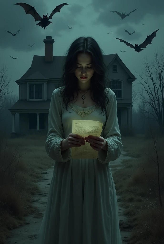 A woman holding a letter in her hands infront of a abandoned house at night while some bats flying around