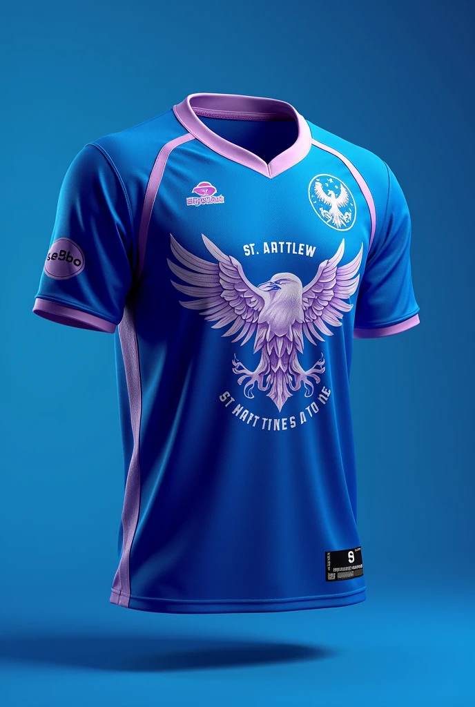 Create a very original jersey design using mainly shades of blue and a little hint of purple. Dont put any logos. Put St Matthew in front and an eagle logo