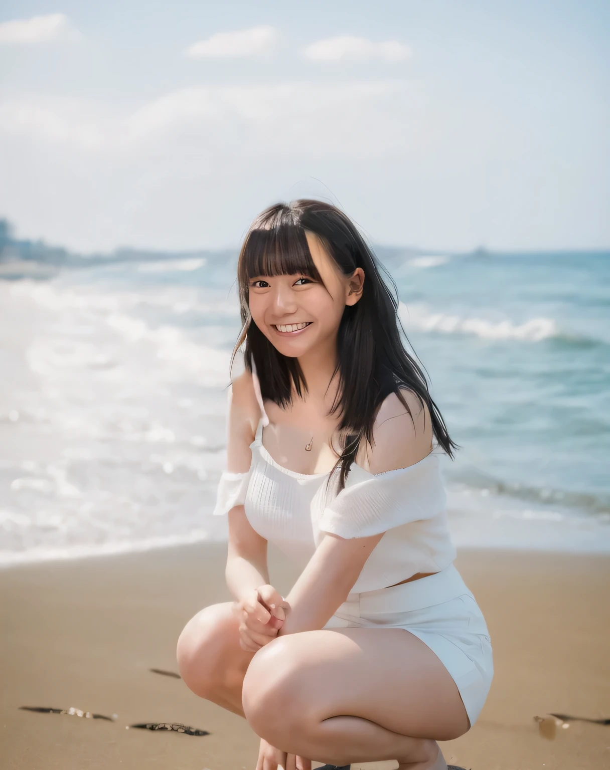 Highest quality,Super detailed,A woman squatting on the beach at Enoshima Beach, looking up at the camera,White top,Black flared mini skirt,Posing for a photo,Distant scenery is blurry,Illuminated by sunlight