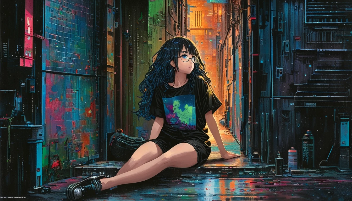 Very detailed:1.3, (Absurd, texture, masterpiece), pixiv Contest Winner, John Berkey, Dynamic cartoon style illustration of a girl wearing glasses,Sitting with legs crossed, Starry sky inner hair,Dark aesthetic,Euphoric,Oversized T-shirt,Black shorts,Beautiful woman,Old alley background, Dozing off,Crayon colored Zentangle,overview,Anime key visual,