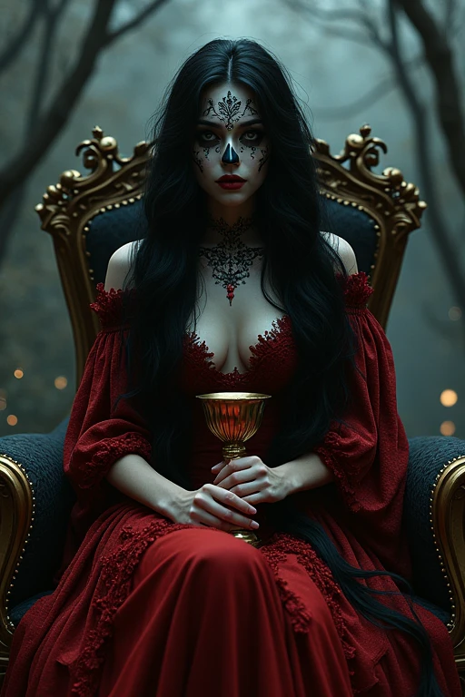 beautiful woman; long black hair; skull painting on your face; wearing a long red and black dress; holding a chalice; SITTING ON A THRONE; night scene in the background