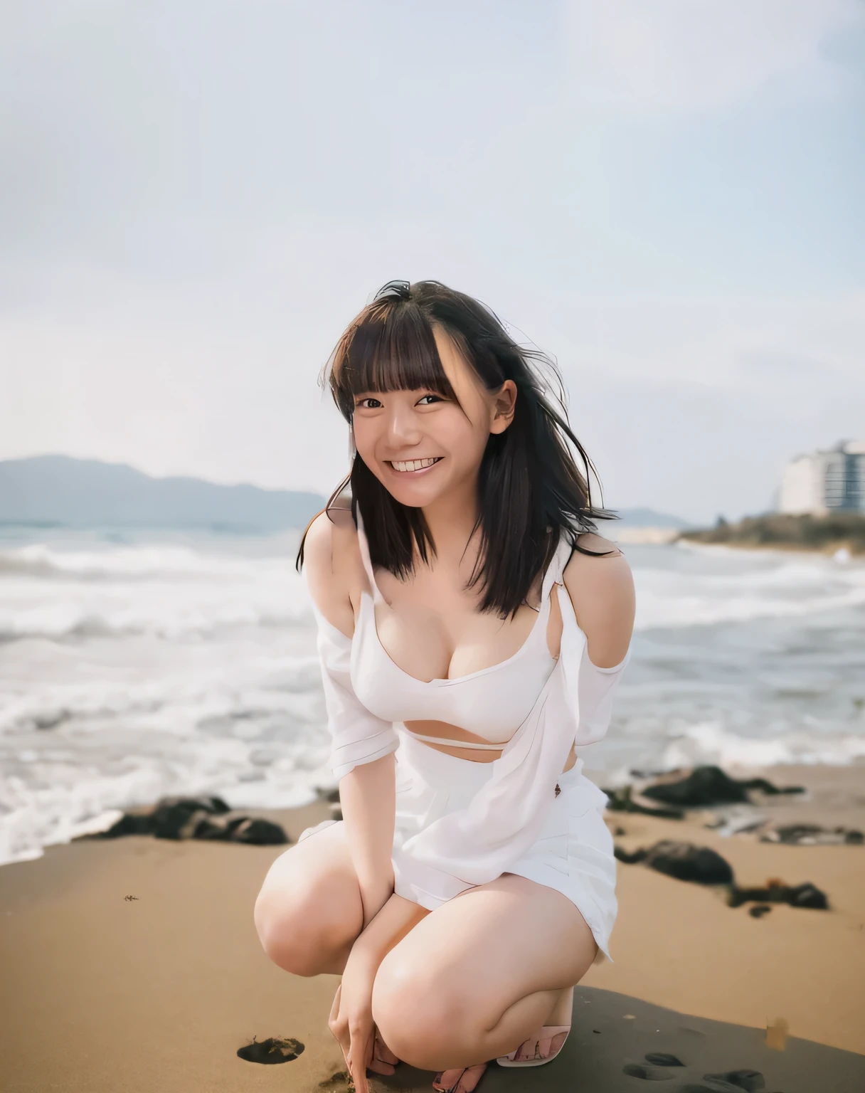 Highest quality,Super detailed,A woman squatting on the beach at Enoshima Beach, looking up at the camera,White top,Black flared mini skirt,Posing for a photo,Distant scenery is blurry,Illuminated by sunlight