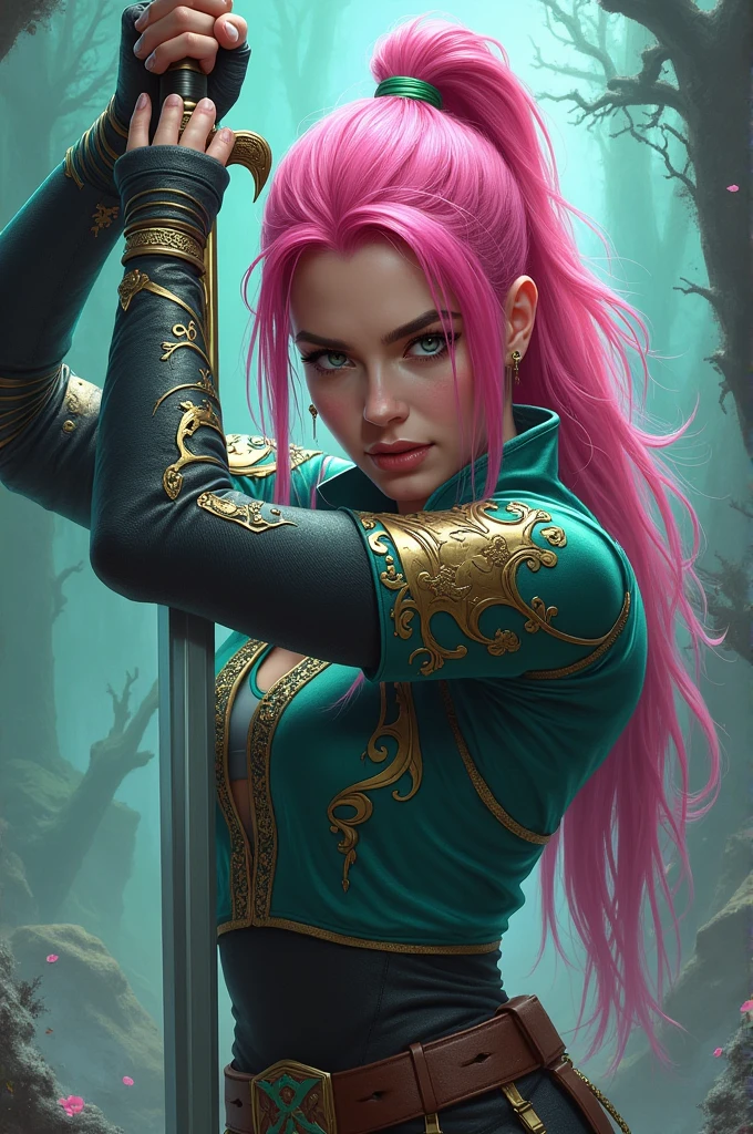 pink and green hair holding a sword