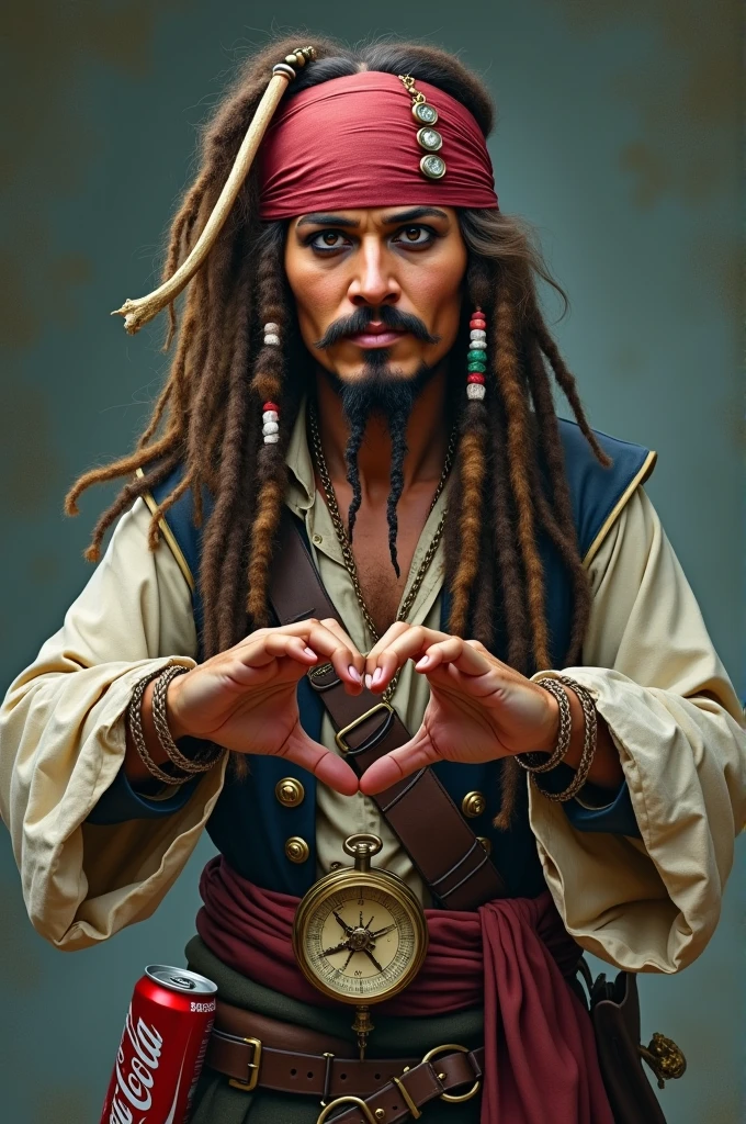Jack sparrow qui porte une boussole et un coca cola à la ceinture et qui fait un coeur avec ses mains