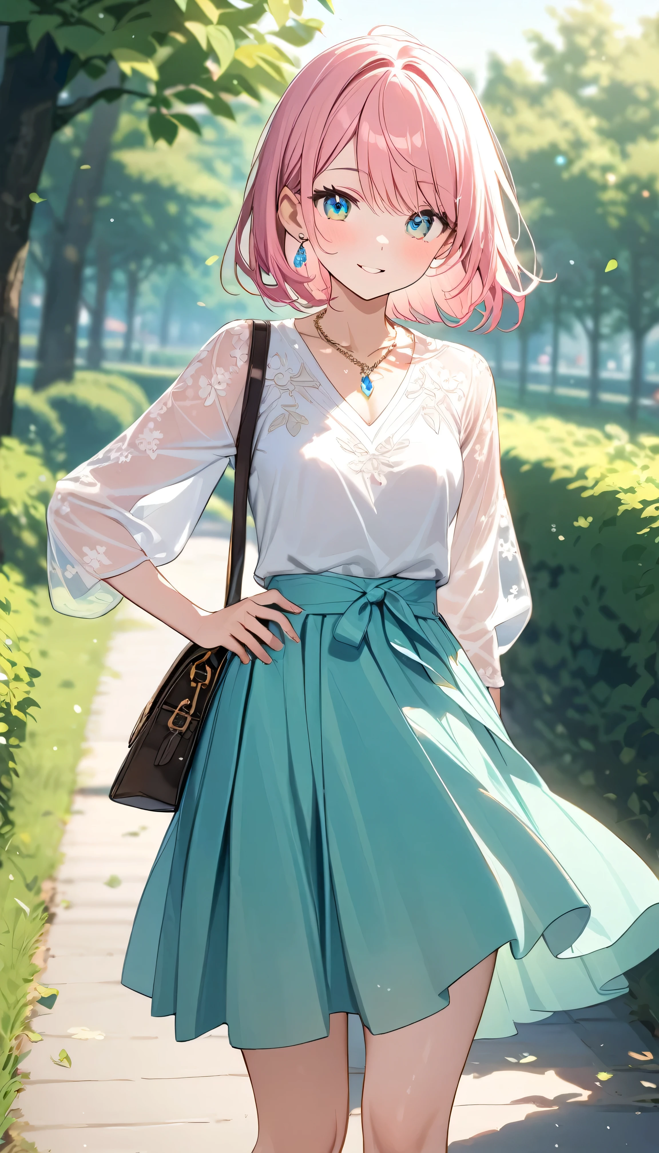 (1 girl), (Best Picture Quality, 8K, Masterpiece:1.3), (high school student:1.5), ((pink lob hair:1.2)), (bob cut), (swept bangs), (shiny hair texture:1.2), (cute eyes, pupil black, iris skyblue, youthful face), (mole under right eye), (standard weight), (small breasts), (big hip), (glistening skin:1.2), (pale skin:1.3),
BREAK
silk blouse, shimmering texture, light pink-beige, V-neck with draped front, subtle lace at cuffs and hem, delicate floral embroidery on sleeves, fluttering in the breeze,
BREAK
flared midi-length skirt, moss green with a slight sheen, high waist with a tailored fit, natural pleats, subtle floral embroidery around the hem, pockets hidden within the seams, flowing softly with movement,
BREAK
silver chain necklace with intricate floral pendant, small crystal embedded, delicate gold bracelet with leaf and vine motifs, small dangling earrings with transparent gemstones reflecting soft light,
BREAK
dark brown leather sandals, low heel, slim ankle straps, polished finish, cushioned insoles,
BREAK
compact shoulder bag, soft brown leather with subtle grain texture, gold hardware, small tassel detail,
BREAK
lightly curled pink bob hair, silk scarf tied as ribbon in soft pastel tones, fluttering gently in the wind,
BREAK
standing in a relaxed contrapposto pose, one hand gently resting on the hip, other holding the strap of the bag, looking at viewer with a warm, gentle smile,
BREAK
sidewalk in a park, late summer afternoon, soft golden light filtering through the trees, leaves gently falling in the background, distant fountain softly glimmering, light breeze moving through the scene,
BREAK
subtle lens flare, soft bokeh in the background, focus on character, high depth of field