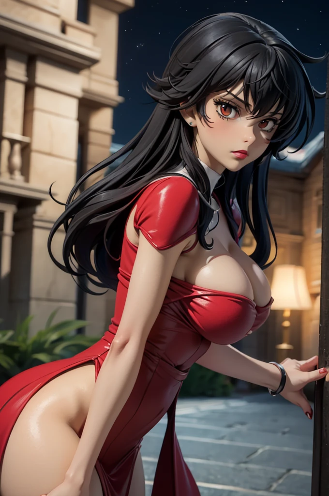 best quality, ultra-detailed, best illustration, masterpiece, high res (1girl:1.3), (large breast:1.5), closed mouth, (21 years old), ((1girl)), ((((solo))), (((alone))), (((genderbend))), (((female))), wide hips, thick thighs, narrow waist, ((red dress)), ((in a beautiful mansion)), ((anime artstyle)), long eyelashes, ((long black hair)), (((at night))), (red lipstick), (black eyeshadow), (in the dark)
