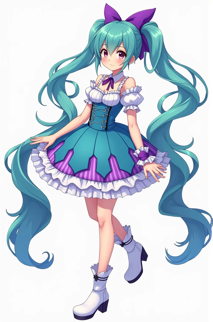 Make an anime female character had green, teal blue and purple hair, wearing purple bow with ponytail and hair down, teal blue and white dress with purple stripe line and white boot shoes 