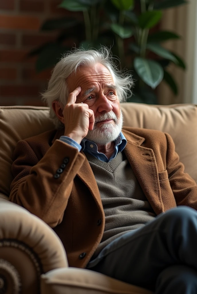 A wise man thinking of something rubbing his index finger against his forehead. Sitting in comfortable sofa