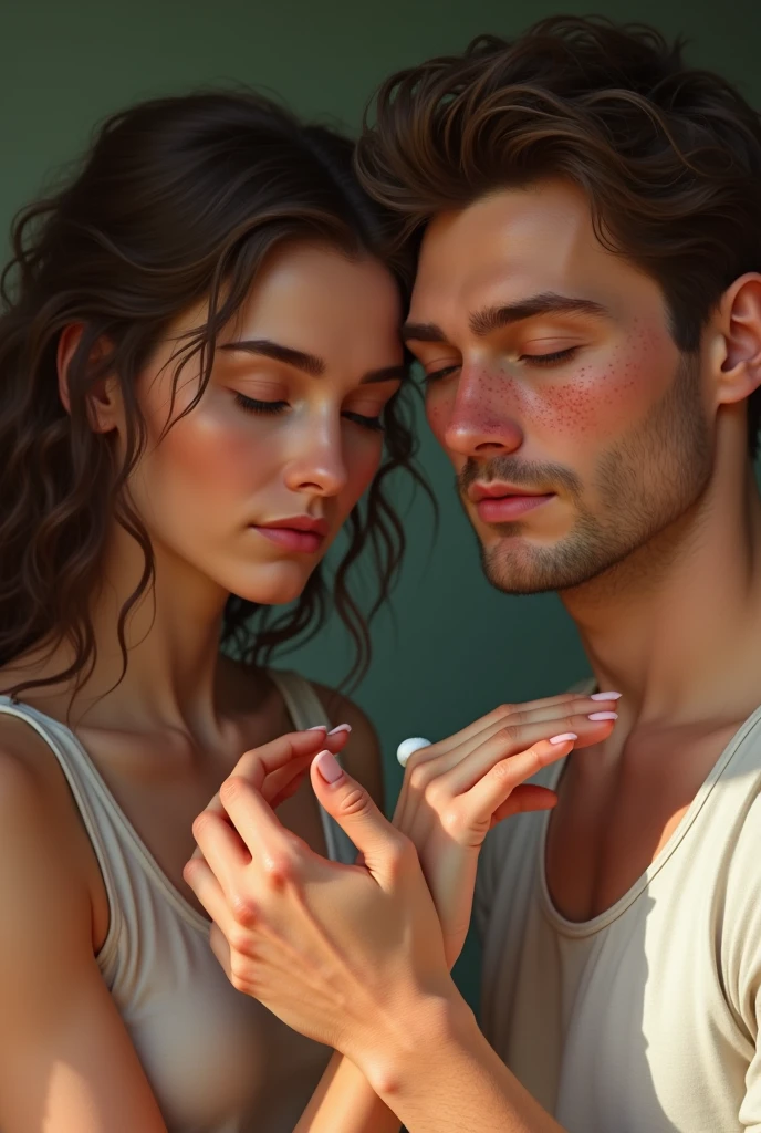 Caucasian female, big forehead, curly and long hair, applying cream on the hands of a white man, shorth hair, full lips and pimples on the face