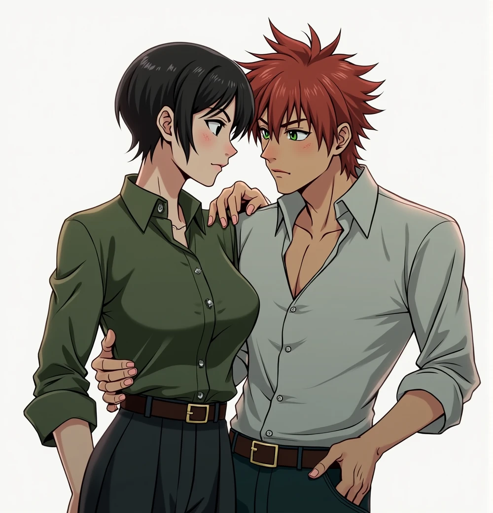 2 people, Handsome guy with red hair, green eyes, Freckles, hugs a woman with very short black hair, serious face, black eyes, anime art, realistically, masterpiece, Beautiful