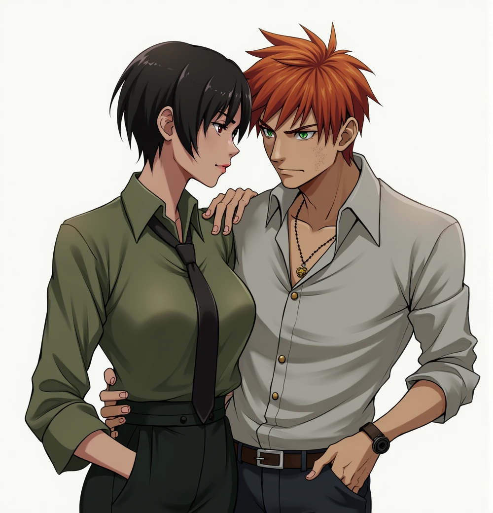  
2 people, Handsome guy with red hair, green eyes, Freckles, hugs a woman with very short black hair, serious face, black eyes, anime art, realistically, masterpiece, Beautiful
