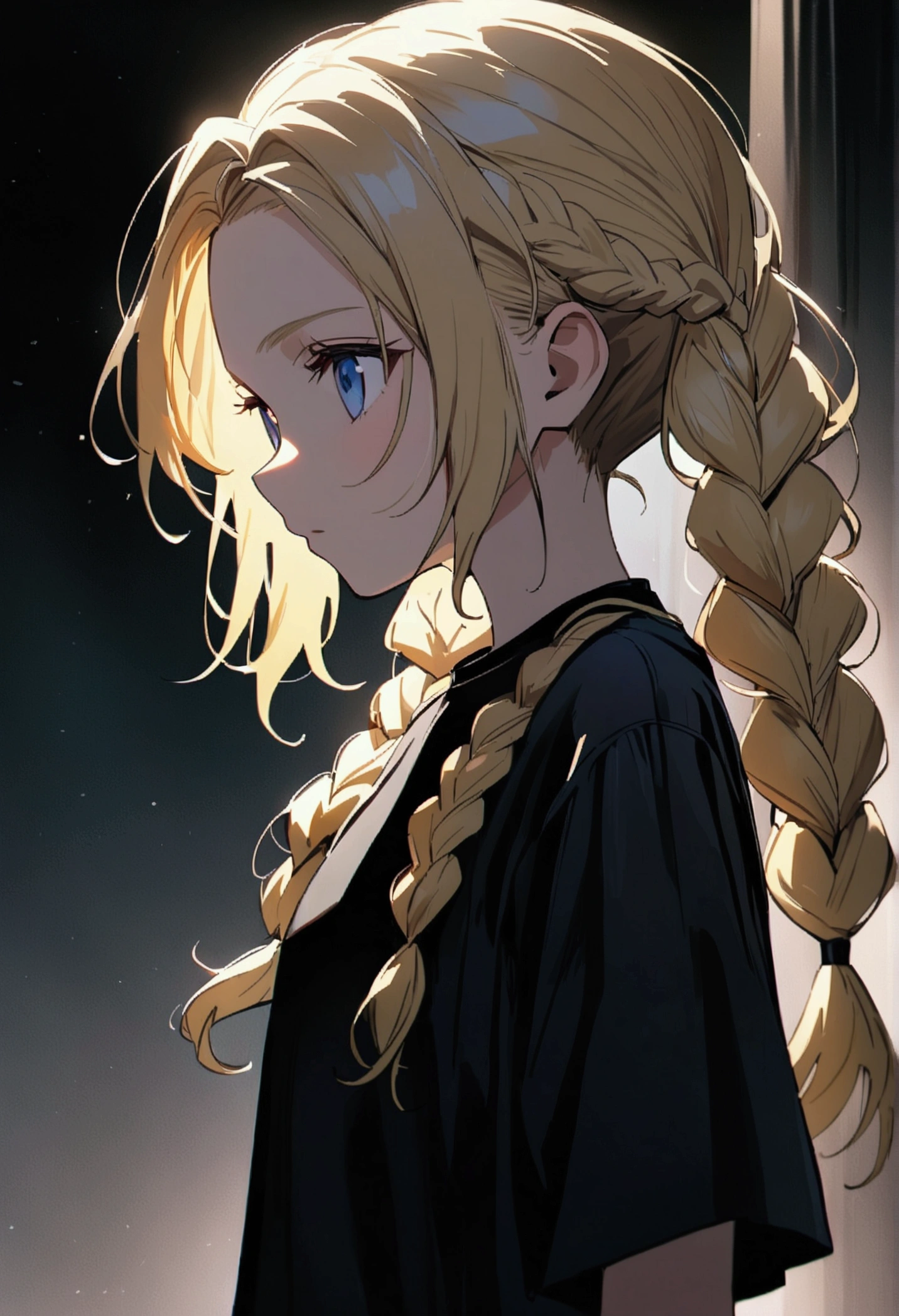 Anime girl, 8 (shoulder-length blond hair, beautiful braided hairstyle, beautiful hairstyle, braided pigtails, clear forehead, blue eyes), wears a black T-shirt and short jeans. Profile picture