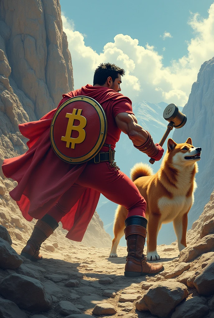 Generate an image of Chapolin with his hammer and Bitcoin shield defeating a bear, with his Shiba Inu dog in a bullish trend in the cryptocurrency market