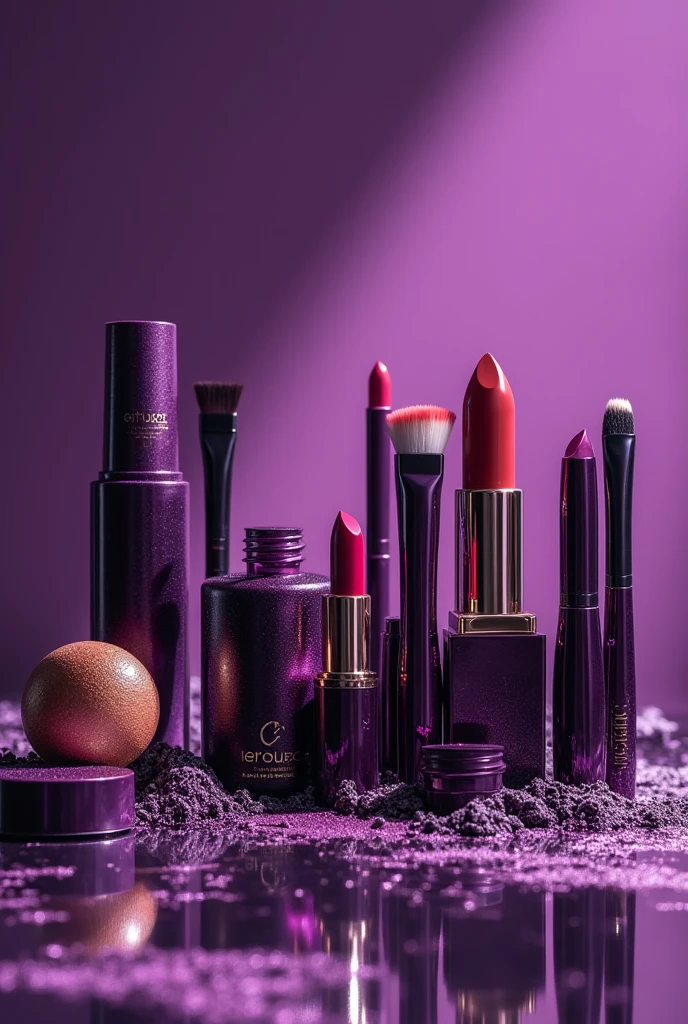 Makeup products with aesthetic purple background beautiful