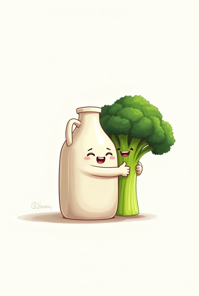 A smiling milk jug, glad, hugging a smiling broccoli, glad, white background