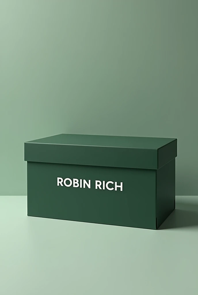 Dark green shoebox with ROBIN RICH written in white
