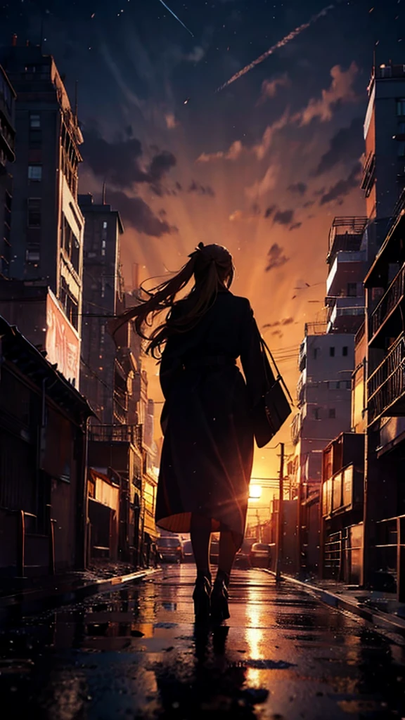 １people々々々々,Blonde long-haired woman，Long coat， Dress Silhouette， Rear View， Anime Style, City night view from the rooftop，Countless missiles covering the sky，