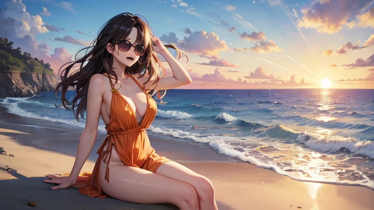 The theme is a scantily clad woman driving an open car along a seaside road.、Please draw a scene of the sun setting.。Woman wearing sunglasses、She is wearing a loose dress、The orange sea and sky spread out in the background.。