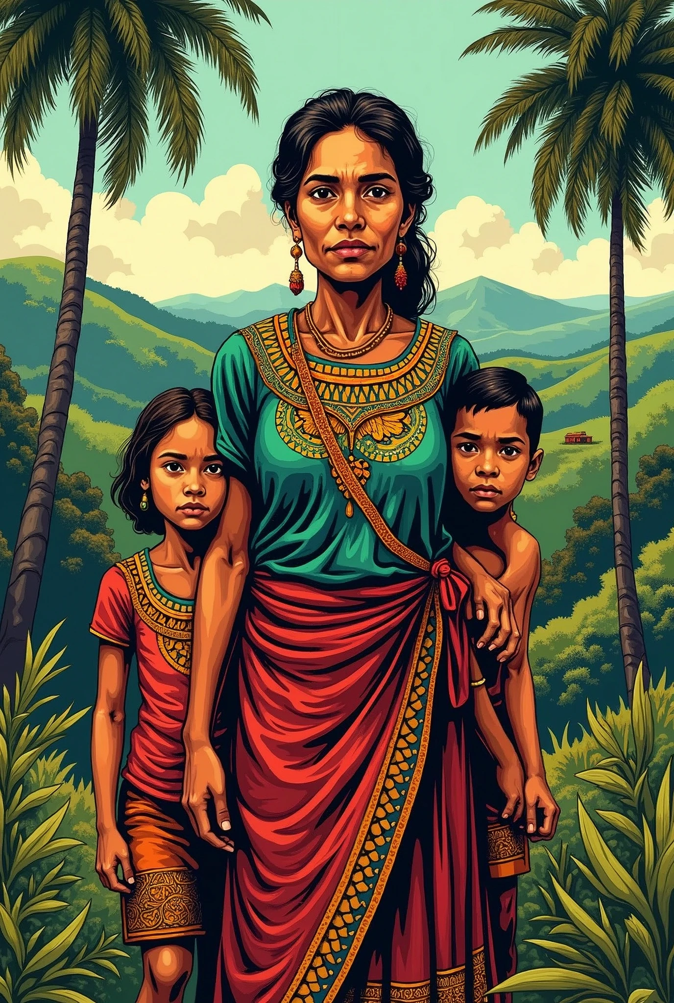 Cordel woodcut of a Northeastern Brazilian woman with two children