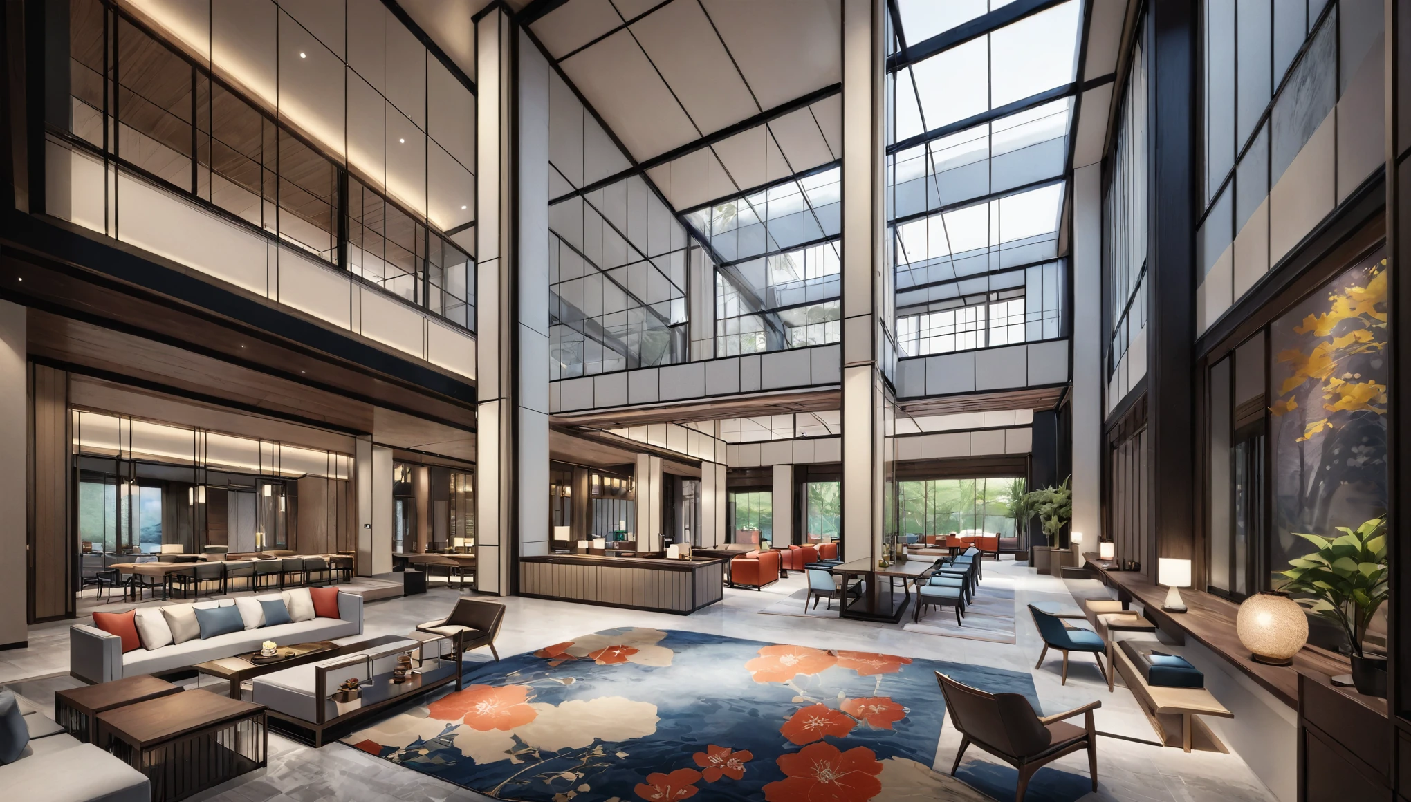 The hotel lobby features large glass windows, high ceilings, and an open space design with colorful floral patterns on the carpet, creating a modern style that blends Japanese tradition with Western aesthetics. The main body of the architectural rendering is made up of two floors with floor-to-ceiling windows, showcasing the interior decoration, including furniture such as sofas, dining tables, chairs, coffee tables, armchairs, and plants and other decorations. The rendering is a 45-degree overhead view ,high resolution, Focus, commercial, Very detailed