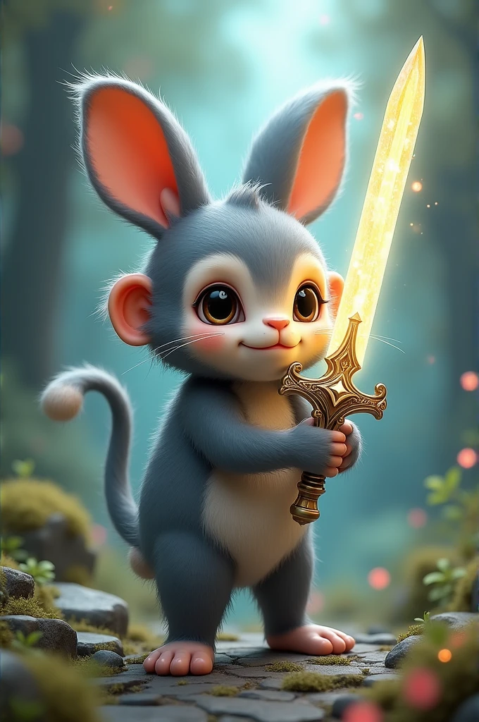 A cute little monster half rabbit, face look like monkey, have 2 rabbit ears not sharp, stands with 2 legs, furry, grey furs, holds great lighting sword