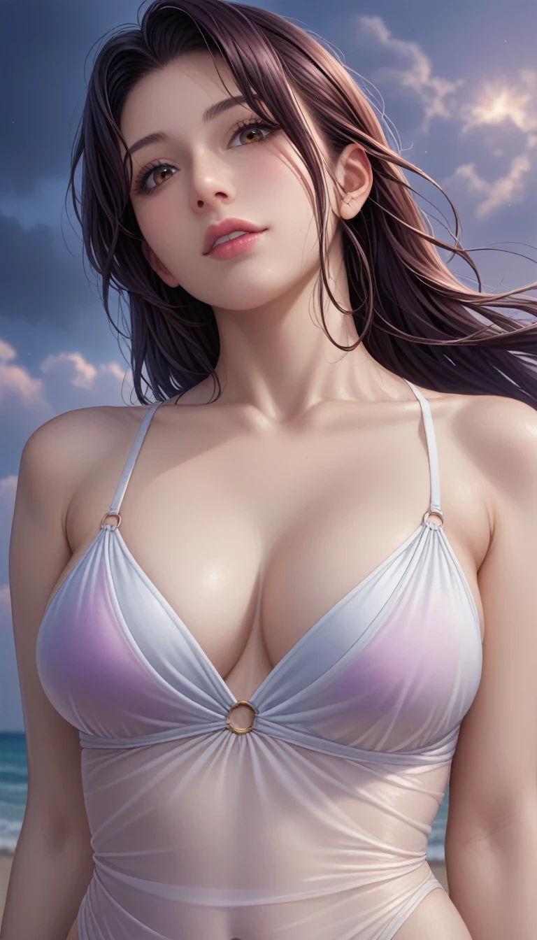 score_9, score_8_superior, score_7_superior, High-resolution CG illustration,A masterpiece in 32K resolution,Highest quality,it is really amazing,Very detailed,Ultra-high resolution,Ultra-realistic,Realistic,Increased depth of field,Cinematic lighting,
Sexy mature Japan woman,
Straight long hair with black hair,Ultra-detailed and beautiful face,Calm and gentle look,Beautiful brown eyes,Translucent white skin,Realistic skin texture,Great proportions,
Elegant swimwear,
Artistic design,Chic color scheme,Detailed fabric texture,
Dark overcast sky on a dull night,Dark clouds filling the sky,Thundercloud,Coastline at night,Stormy seas,delay々A desolate sandy beach that continues,
Cinematic,Low - Angle,
