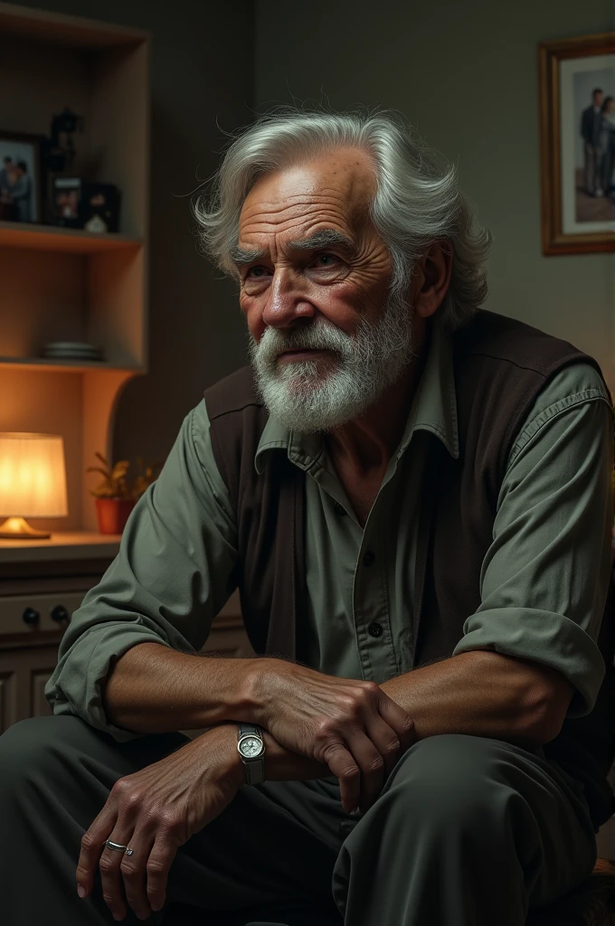 Seen :an old person remembering his late wife and thinking that i don't know you will be no more one day. An very emotional seen. Make an image of it.