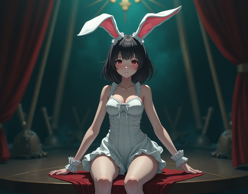 anime woman in a circus performer costume, bunny inspired outfit, sitting in the circus back room, alone, neutral face, cute and whimsical but slightly creepy, medium length hair, sleeveless.