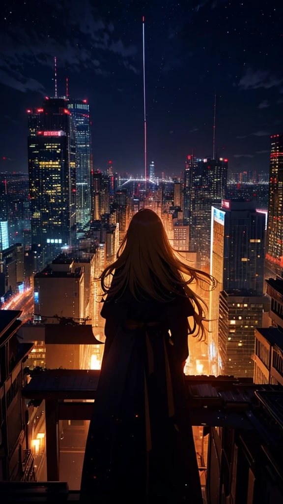 1people々々々々,Blonde long-haired woman,Long coat, Dress Silhouette, Rear View, Anime Style, City night view from the rooftop,Countless missiles covering the sky,