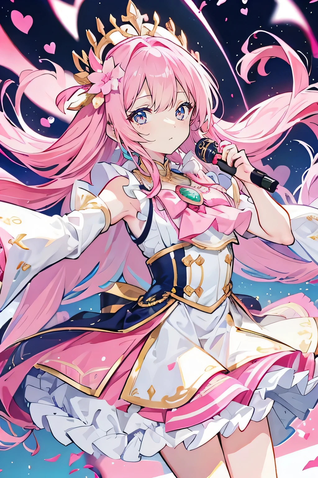 (The pieces fly), (Highest quality), Very detailed, ((1 person)), Focus Only,Low Angle,dynamic,Jump,((smile)),Perfect Face, Beautiful Face, Very detailedな顔,(Pink Long Hair_Pink Eyes:1.3),Idol Costumes,Idle only,Gorgeous hair ornament,Concert Dome,live,Holding a microphone,sing,Laugh with your mouth wide open,Laser light,Confetti,Gaze, Large Breasts, Large Breasts, smile,
