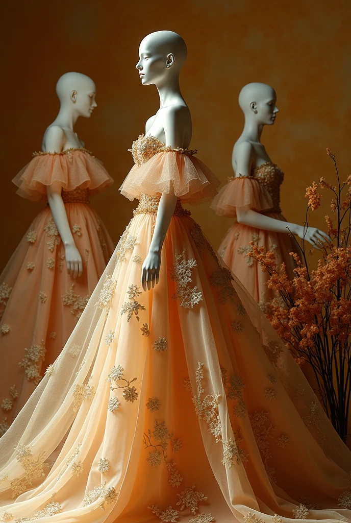 Image in horizontal format representing haute couture or high fashion with a textured background in golden tones. Include models or mannequins dressed in haute couture garments with luxurious details., Create an atmosphere of exclusivity and luxury with soft lighting and elegant flowers