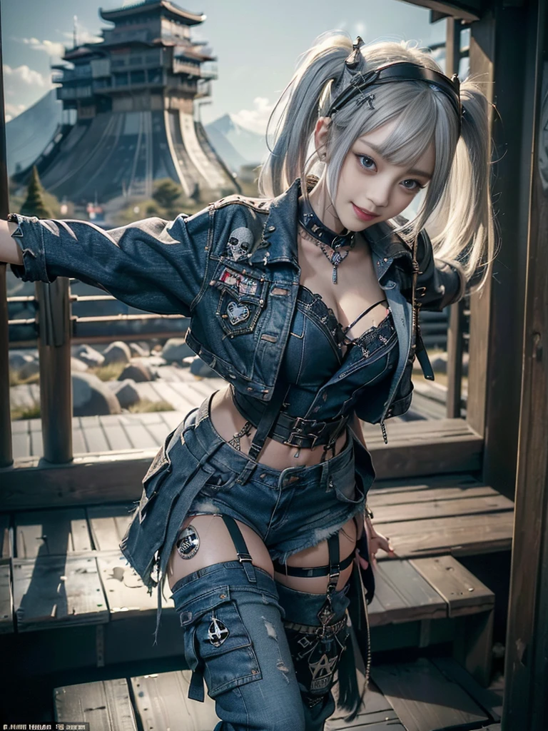 (Beautiful lips and nose:1.4)、(Long eyelashes:1.4)、(Smiling with teeth showing:1.3),(Shibuya Gal:1.5)、(Goth delicate embellished dress:1.5)、(Tattered denim and black punk rock cargo pants:1.5)、(Denim and black navy skull mark small jacket:1.4)、(denim garter belt:1.5)、(Black and denim knee socks:1.3)、(Skull Silver Accessories:1.5)、(Denim collar:1.3)、(Brown Skin Belt:1.4)、(Brown boots:1.2)、(The underwear is striped:1.4)、31 years old、((Highest quality、In 8K、masterpiece:1.3))、Sharp focus:1.2、(Layered Cut、Huge boobs:1.1),Beautiful woman with perfect figure:1.4、(Dancing vigorously:1.3)、Slender Abs:1.2、Highly detailed face and skin texture、Detailed eyes、double eyelid,(Twin tails:1.3)、(Cream colored hair:1.3)、Gravure idol、(The background is a vast mountain with a clear view々Beautiful luxury resort destination in Europe:1.3)、(Slim Body:1.2),(Make your legs thinner:1.4),(clavicle:1.1)