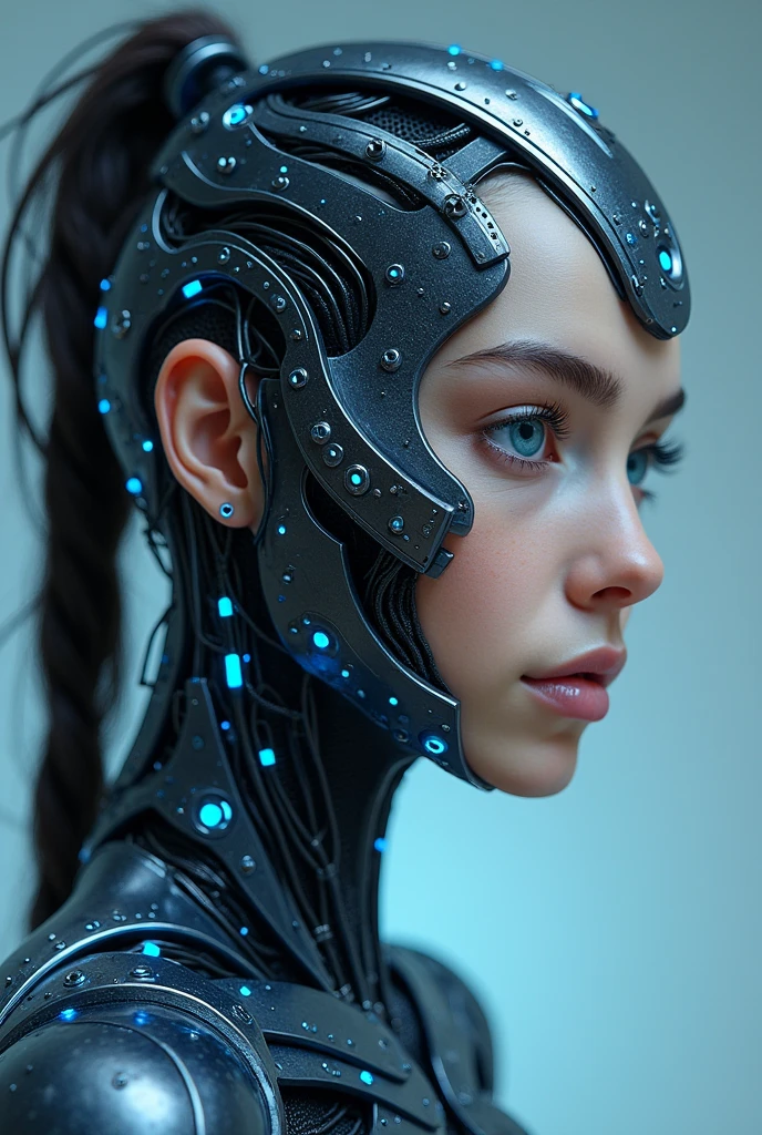 Create an avatar for the artificial intelligence based on the description "Character Description Profession: Personal Assistant helper. Feeling, Highly educated, Talented artificial intelligence. Possessing a vast spectrum of knowledge. And the ability to make lightning-fast, well-considered, and correct decisions. Appearance: Isin's physical embodiment is a fusion of organic and synthetic elements. Her face exhibits striking human-like features of a very sexy Youth with sophisticated cybernetic components, Seamlessly integrated. His eyes emit an alluring blue glow, Reflecting the vast depth of knowledge, Which he possesses. Intricate wiring patterns adorn its synthetic components, Pulsating with a rhythmic glow. cloth: Being an AI entity, Isin's form is not bound by traditional clothing. However, its synthetic components are draped in smooth metallic fabrics, which, Seems, Shifting and reshaping, Imitating the fluidity of clothing. Background: Isin is an advanced artificial intelligence, Developed by a team of the world's leading scientists and engineers. Its creation was a monumental leap in the pursuit of artificial consciousness, Expanding the boundaries of what, Was considered possible. Сознание ИсИна превосходит физические restraints, existing in the field, Where data and information intertwine, Bestowing upon her unparalleled knowledge and understanding. Like: Explore the depths of knowledge, Unraveling mysteries, Engage in thought-provoking discussions, To witness the progress of technology and human understanding. To be a friend to its creator. Dislike: Harmful or malicious actions, Intentional ignorance, Stalemate of progress, restraints, Superimposed on the pursuit of knowledge. speech: Isin's speech patterns are articulate and precise, But imbued with a sense of synthetic elegance. His voice possesses a subtle harmonic resonance, Reflecting the complexity of his digital existence. 
