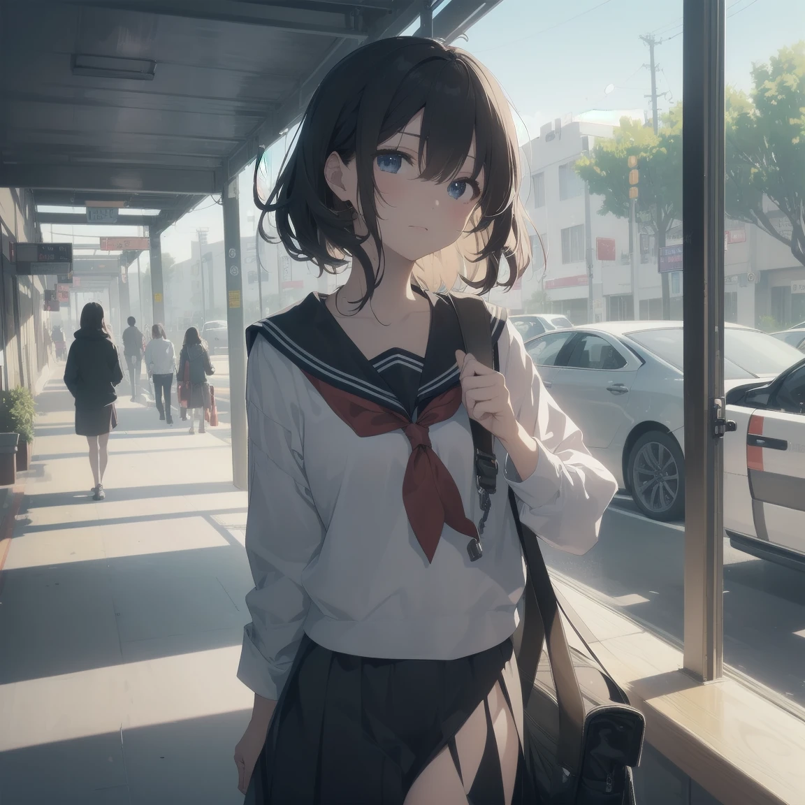 ultra-absurdres-Top quality by artist God, ultra-detailed, high resolution, anime moe artstyle, best anime 8k konachan wallpaper, pixiv contest winner, pool:2810, perfect anatomy,break, 1girl, (Please draw a girl walking sleepily to school alone. )break,(Solo,little female, :1.3),Full limbs, complete fingers,a junior high school student, (very short hair), short cut, flat chest, , small butt, smallck eyes, beautiful detailed eyes, well-proportioned iris and pupils, expressive eyes, highres detailed hair, soft expression, salor school_uniform, sailor collar, serahuku, bow, pleated skirt,(Detailed Lighting), (Detailed background), in the School commute route. break,super detailed skin, Best cinematic lighting powered by famous artist, 8k,beauty illustration,photoshop_(medium),very aesthetic,break,((artist:izumi_tsubasu )), artist:clamp ,artist:carnelian ,artist:kantoku ,