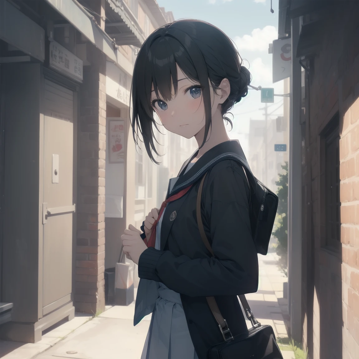 ultra-absurdres-Top quality by artist God, ultra-detailed, high resolution, anime moe artstyle, best anime 8k konachan wallpaper, pixiv contest winner, pool:2810, perfect anatomy,break, 1girl, (Please draw a girl walking sleepily to school alone. )break,(Solo,little female, 13-year-old:1.3),Full limbs, complete fingers,a junior high school student, (very short hair), short cut, flat chest, , small butt, small black eyes, beautiful detailed eyes, well-proportioned iris and pupils, expressive eyes, highres detailed hair, soft expression, salor school_uniform, sailor collar, serahuku, bow, pleated skirt,(Detailed Lighting), (Detailed background), in the School commute route. break,super detailed skin, Best cinematic lighting powered by famous artist, 8k,beauty illustration,photoshop_(medium),very aesthetic,break,((artist:izumi_tsubasu )), artist:clamp ,artist:carnelian ,artist:kantoku ,