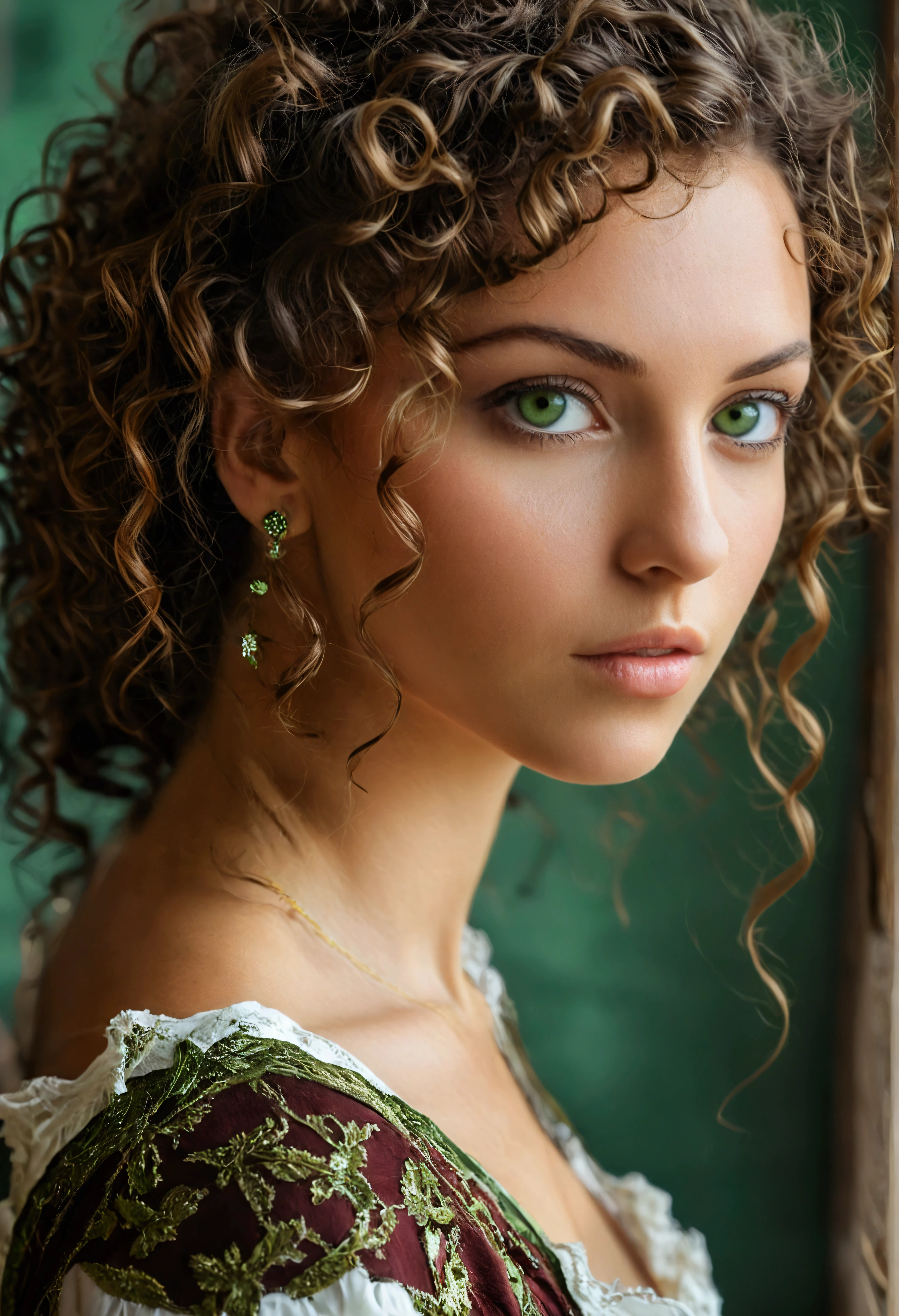 Real brown curly haired woman with green eyes