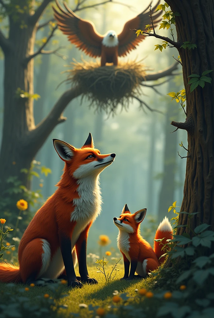 Thumbnail for Fox is sad face Infront the tree where the eagle is eating Fox cubs from above her nest background is a daylight in the forest and image is wide 16:9