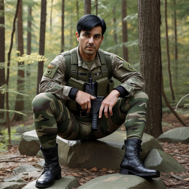 30 years old,One Man,、Camouflage full-body tights、Shocker Belt、Black gloves、Brown boots、With a handgun on his hip、In the woods、Legs spread out, sitting on a rock。Black Hair。Pretty short and even shorter short hair、Handsome soldier　Iraqi face　The crotch area of my pants is bulging