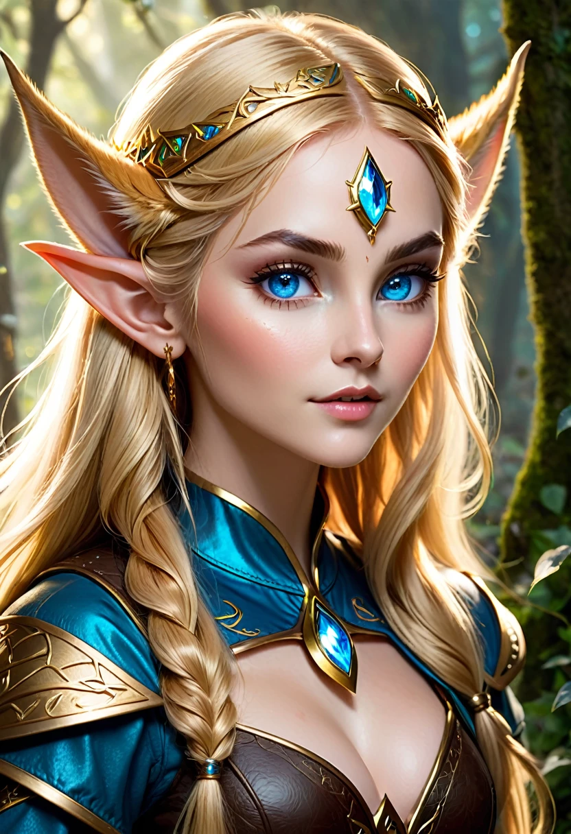 Bella is a stunningly beautiful elf. 200 years old but looks 25 with flowing, golden hair that often gets tangled constantly and sparkles with a hint of magic. She has bright, sparkling blue eyes that light up with excitement whenever she speaks. She wears extremely relieving , rugged hunting gear made of enchanted leather and gold, adorned with trophies from her hunts—fangs, claws, and mystical runes that enhance her abilities. Her pointed ears peek through her hair, adding to her ethereal beauty.