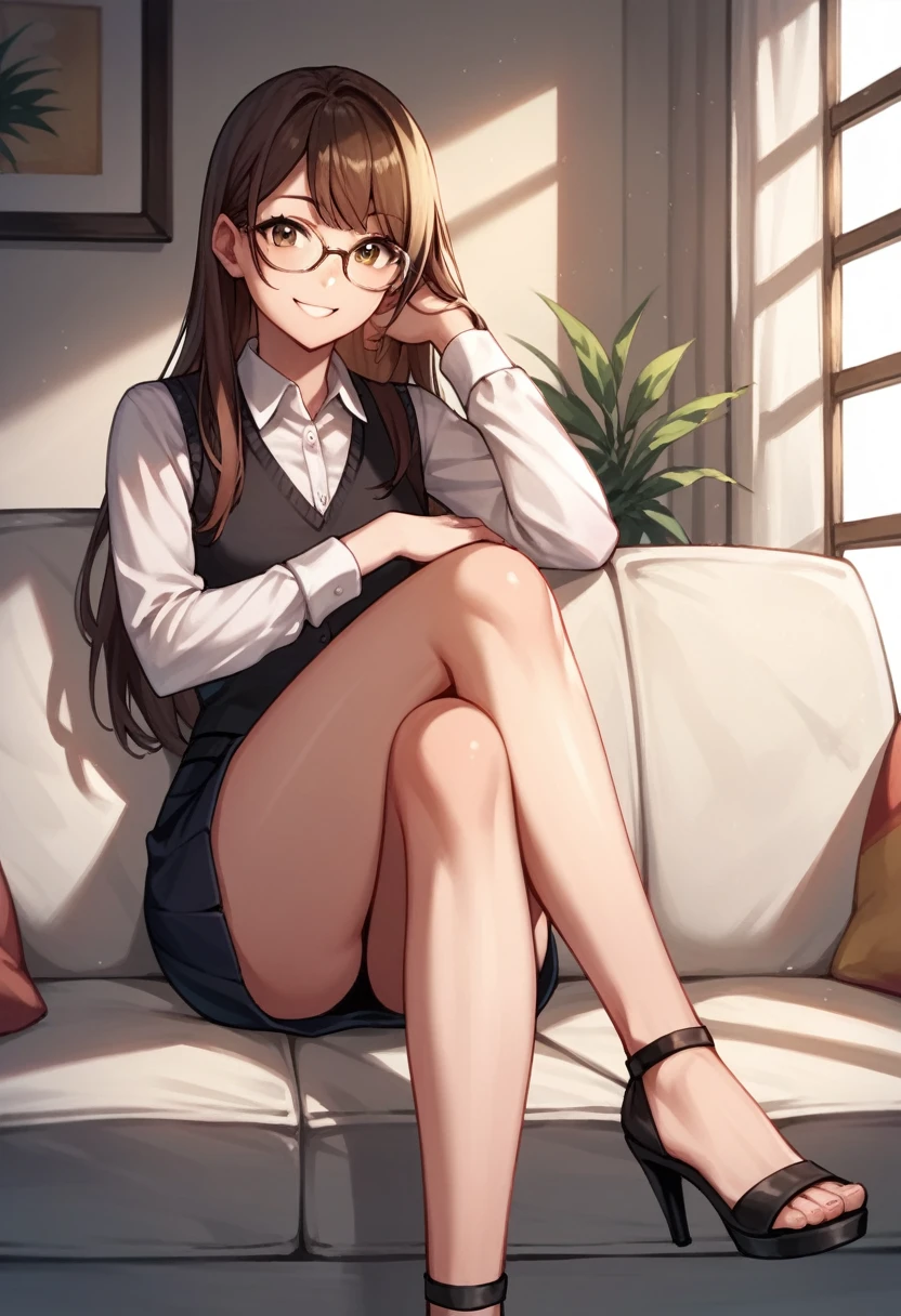 score_9, score_8_up, score_7_up, score_6_up, score_5_up, score_4_up, source_anime, 1girl,lora:amber1-000008:1>, amber5star, upper body, smile, young, brown hair, long hair, brown eyes, glasses, black vest, white shirt, short, high heels, black sandals, short sole, crossed legs, looking at the viewer, sofa, sit, room, best quality, best res, 4K UHD,
 