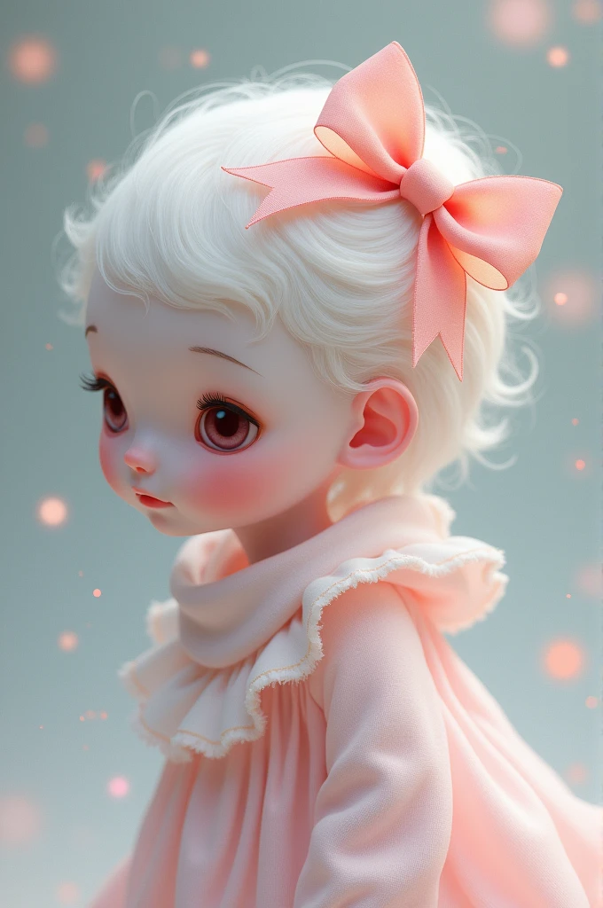 Person that skin is light pink and has ribbon on its head