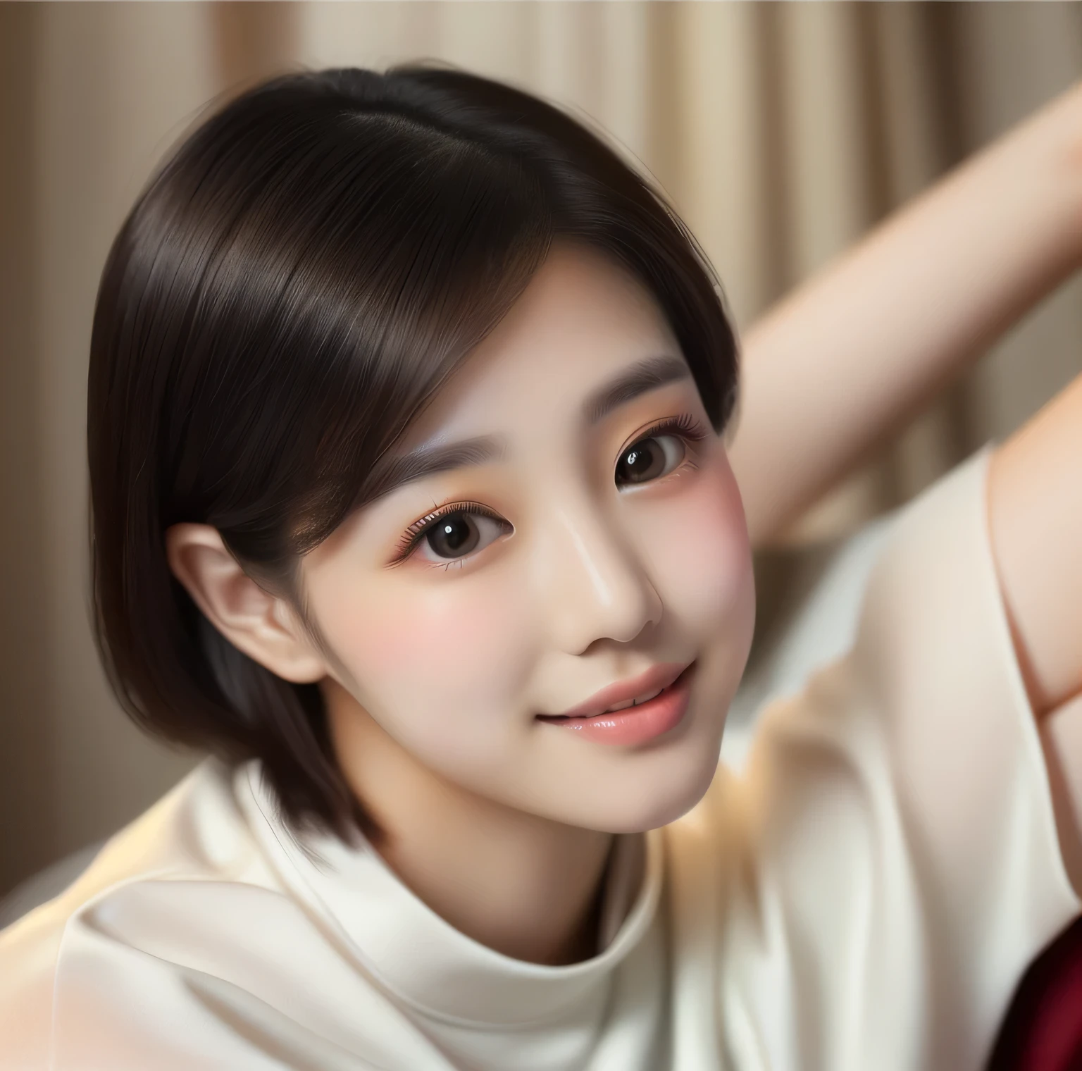 highest quality、Soft Light、Ultra-high resolution、(Realistic1.4)、Beautiful face in every detail、Close-up of a woman in a white dress taking a photo, Young and adorable Korean face, Young and pretty Asian face, Soft Portrait Shot 8k, Beautiful young Korean woman, Girl cute beautiful face, Gorgeous Young Korean Woman, Short hair, Korean symmetrical face, Beautiful Korean Women, Korean Girls, Korean woman portrait、Big, round, gentle eyes、Photorealistic、フォトリアル、
