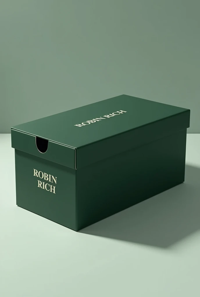 Dark green shoebox with ROBIN RICH written in white in a formal font