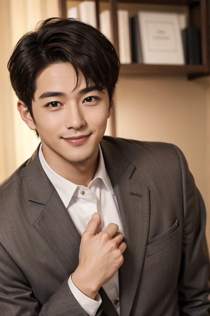 (Masterpiece、Perfect handsome man), (A man in his 30s, Brown short hair, smile), (secretary, suit), President's office, Modern Office, night