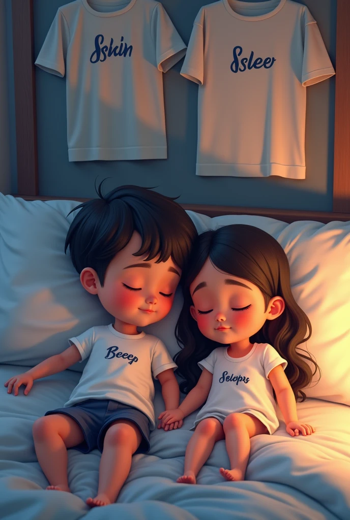 A boy and girl sleeping on the bed with shorts clothes and theri t shirt with name shailly and Deepak hang on the wall 