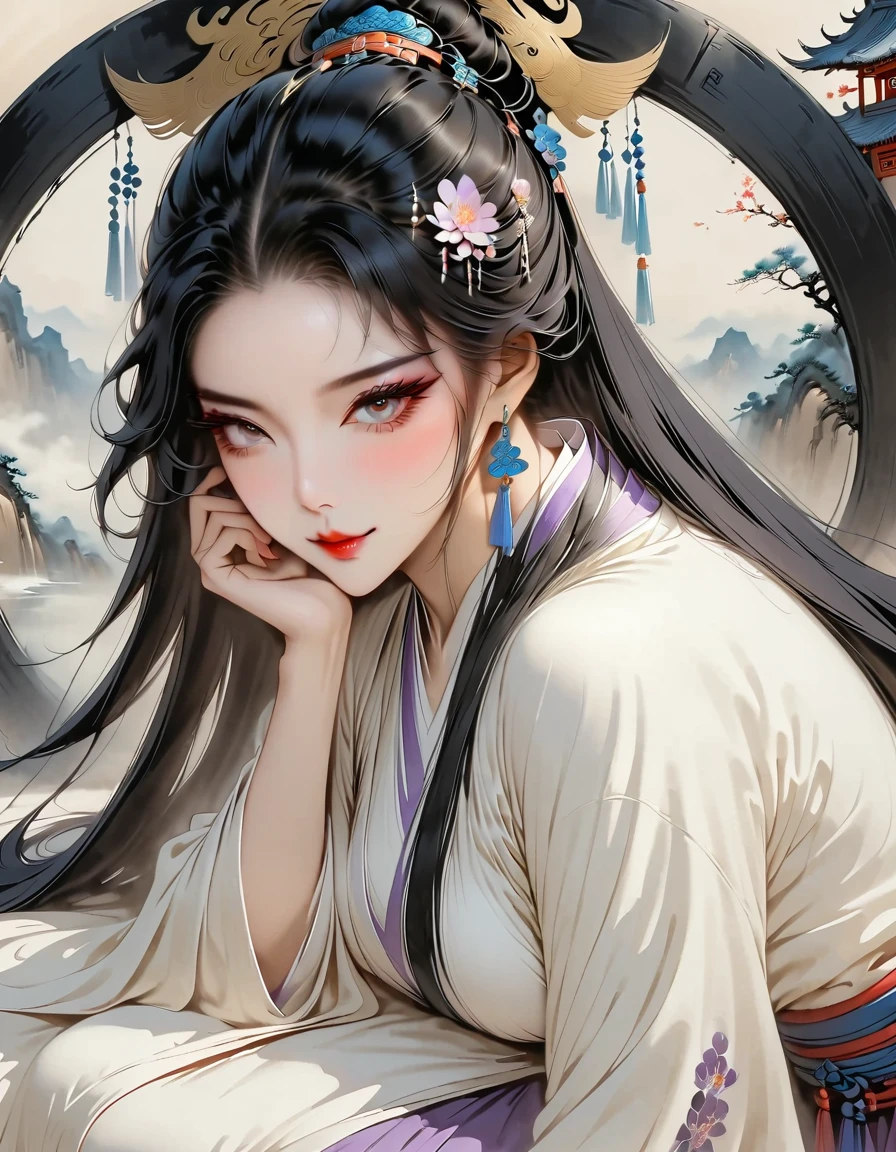 (Masterpiece, best quality:1.2), 1 girl, Hanfu Purple, （Dress conservatively：1.3）, Delicate and beautiful face, mature, smile a little, long black hair, golden eyes, Lying supine on the throne, Long legs, Slender legs, (Slender legsยาว:1.2), Barefoot, (Ink stains) beautiful figure painting, Clothing ink style, traditional Chinese painting, Bismuth squid, view from above, Masterpiece, Highly detailed